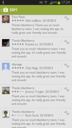 BBM Android, BBM fake reviews, BlackBerry Messenger cross platform