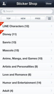 LINE sticker store, LINE categories, LINE apps