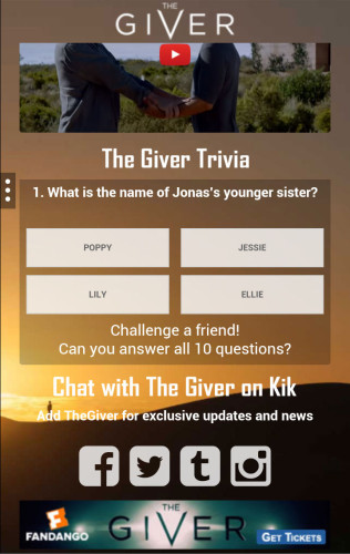 The Giver movie, The Giver on Kik, Kik Messenger Cards